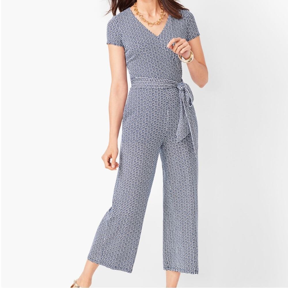 TALBOTS FAUX-WRAP JERSEY JUMPSUIT GEOMETRIC PRINT NAVY SIZE XS